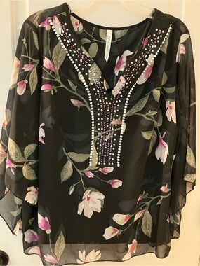 NY Collection Women’s Black Floral Chiffon Blouse Embellished V-Neck Size M